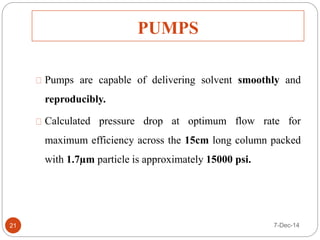 PUMPS 
Pumps are capable of delivering solvent smoothly and 
reproducibly. 
Calculated pressure drop at optimum flow rate for 
maximum efficiency across the 15cm long column packed 
with 1.7μm particle is approximately 15000 psi. 
21 7-Dec-14 
 