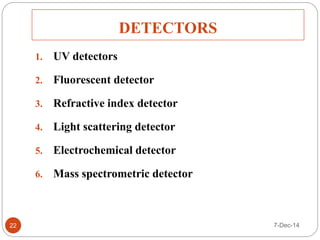 DETECTORS 
1. UV detectors 
2. Fluorescent detector 
3. Refractive index detector 
4. Light scattering detector 
5. Electrochemical detector 
6. Mass spectrometric detector 
22 7-Dec-14 
 