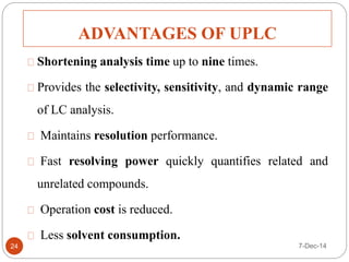 ADVANTAGES OF UPLC 
Shortening analysis time up to nine times. 
Provides the selectivity, sensitivity, and dynamic range 
of LC analysis. 
Maintains resolution performance. 
Fast resolving power quickly quantifies related and 
unrelated compounds. 
Operation cost is reduced. 
Less solvent consumption. 
24 7-Dec-14 
 