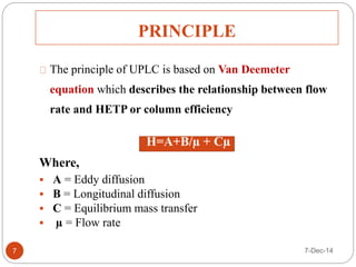 PRINCIPLE 
The principle of UPLC is based on Van Deemeter 
equation which describes the relationship between flow 
rate and HETP or column efficiency 
H=A+B/μ + Cμ 
Where, 
 A = Eddy diffusion 
 B = Longitudinal diffusion 
 C = Equilibrium mass transfer 
 μ = Flow rate 
7 7-Dec-14 
 