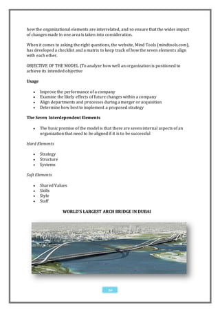 how the organizational elements are interrelated, and so ensure that the wider impact
of changes made in one area is taken into consideration.

When it comes to asking the right questions, the website, Mind Tools (mindtools.com),
has developed a checklist and a matrix to keep track of how the seven elements align
with each other.

OBJECTIVE OF THE MODEL (To analyze how well an organization is positioned to
achieve its intended objective

Usage

       Improve the performance of a company
       Examine the likely effects of future changes within a company
       Align departments and processes during a merger or acquisition
       Determine how best to implement a proposed strategy

The Seven Interdependent Elements

       The basic premise of the model is that there are seven internal aspects of an
        organization that need to be aligned if it is to be successful

Hard Elements

       Strategy
       Structure
       Systems

Soft Elements

       Shared Values
       Skills
       Style
       Staff

                    WORLD’S LARGEST ARCH BRIDGE IN DUBAI




                                            20
 