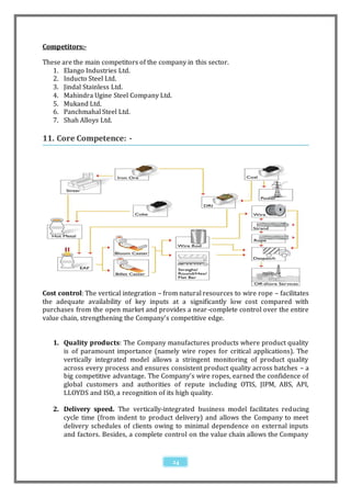 Competitors:-

These are the main competitors of the company in this sector.
   1. Elango Industries Ltd.
   2. Inducto Steel Ltd.
   3. Jindal Stainless Ltd.
   4. Mahindra Ugine Steel Company Ltd.
   5. Mukand Ltd.
   6. Panchmahal Steel Ltd.
   7. Shah Alloys Ltd.

11. Core Competence: -




Cost control: The vertical integration – from natural resources to wire rope – facilitates
the adequate availability of key inputs at a significantly low cost compared with
purchases from the open market and provides a near-complete control over the entire
value chain, strengthening the Company’s competitive edge.


   1. Quality products: The Company manufactures products where product quality
      is of paramount importance (namely wire ropes for critical applications). The
      vertically integrated model allows a stringent monitoring of product quality
      across every process and ensures consistent product quality across batches – a
      big competitive advantage. The Company’s wire ropes, earned the confidence of
      global customers and authorities of repute including OTIS, JIPM, ABS, API,
      LLOYDS and ISO, a recognition of its high quality.

   2. Delivery speed. The vertically-integrated business model facilitates reducing
      cycle time (from indent to product delivery) and allows the Company to meet
      delivery schedules of clients owing to minimal dependence on external inputs
      and factors. Besides, a complete control on the value chain allows the Company


                                           24
 