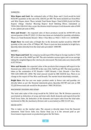 DOMESTIC-

Wire Ropes and Cord- the estimated sales of Wire Rope and C Cord would be total
8356 MT quantities at the rate of Rs. 106145 per MT. The items included are from Wire
and Wire Ropes sheet. These include Total Home Rope+ Total LCWR (Lock Coil Wire
Ropes) +Slings +Anchor Mooring Ropes+ Roof Stitching Wires. Calculated as
7050+366+340+0+0. Also, as per the division total Conveyor Cord domestic sales of 600
is also added (all units in MT).

Wire and Strand – the expected sales of these products would be 16948 MT in the
second quarter of the FY 2012-13. Here two items are included for quantity calculation.
These are Total Domestic Strand + Wire + Fine Wire i.e. 9415 + 7533 + 0 = 16948 MT.

Bright Bars- the total sales of Bright Bar in the domestic market would be 3900 MT
quantity at the rate of Rs. 67788per MT. There is just one item included in bright bars.
Quantity taken directly from the total sales provided= 3900 MT.

EXPORT –

Wire Ropes and Cord- the company would export Wire Rope in foreign market is 7525
MT at the rate of Rs. 84087 per MT. The wire includes various types and on an average
taking the weighted figures the rate has also decreased. The total sales now stand at INR
6,327.58 lacs.

Wire and Strands- the expected value of the products that company will export in the
financial year 2012-13 is 2850 MT at the rate of Rs. 56876 per MT. The total quantity is
taken as the summation of PC Strands + LRPC Strands + Galv. Strands + Fine Wire.
900+120+1800+30= 2850. The total amount would be INR 1620.96 lacs. There is no
change in the export of Fine Wire and Strands. The market stood absolutely constant.

Bright Bars- this has just one major product under it. Hence rate and quantity are
directly taken as per the financial statements given. Quantity-250 MT and rate as INR
55,320 Hence total sale would be the product = INR 138.30 lacs.

MACHINERY DIVISION AND SCRAP-

The total sales value of the scrap would be Rs. 540.41 lacs. The M. Division amount is
ascertained as deduction of scrap and total sales (both domestic and export) from the
Total Gross Sales. On deduction of the domestic and export sales from the total sales
mentioned in P&L the machinery division sale is ascertained as INR 513.49 lacs.

EXCISE DUTY-

This is taken on the market sales. The amount is directly taken from the financial
statement. Total Gross Sales less Excise Duty (as it is the amount paid as per
Government requirement on production) gives the Net Sales.


                                           58
 