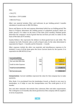 Zinc-

= 561/3*2

Total Sales = 374*116000

= INR 433.74 lacs.

Other raw material includes Fiber and Lubricant. As per holding period 2 months
calculation it would come to INR 392.50lacs.

Stores and Spares are the next expense determined which has no holding period. The
Stock in Progress determines the holding period of unfinished products which are
under process. It is taken on the basis of Net Sales (0.25 months). Finished goods
determine the company’s stock of goods that has not been yet sold. It is taken on the
basis of Net Sales (0.75 months).

Sundry Debtors- this represents the debtors to whom goods have to sale while. The
company has both, Domestic sales as well as Export sales. So the value determined is
separated, for Export – 3 months and for Domestic – 1 month.

Other expenses include the other raw materials and miscellaneous expenses to be
included. A sum of all the items gives the Gross Current Assets for the quarter. It is
expected to be INR 40743.15 lacs.



 Current Liabilities
 Credit from Jamshedpur                         2.50                        13,290.13
 Zinc and other RM credit                       3.00                         2,894.47

 Credit for other Expenses                      1.00                         1,297.10

 Total Current Liabilities                                                  17,481.71

 Net Current assets                                                         23261.44


Interpretation- Current Liabilities represent the value for that company has to make
payments.

Wire Rode- It is proclaimed from the Jamshedpur branch, as Ranchi is very near to
Jamshedpur, so it helps to save the transportation cost. The credit given is of 2.5
months.

Zinc and other materials- this includes Zinc, Lubricant, Fibre and other requirements.
The credit given is of 3 months, this shows good terms of the company with its suppliers
in terms of payments.


                                           68
 