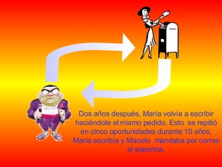 Dos años despu é s, María volvía a escribir haciéndole el mismo pedido. Esto  se repitió en cinco oportunidades durante 10 años, María escribía y Manolo  mandaba por correo el esperma. 