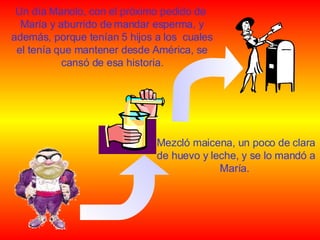 Un día Manolo, con el próximo pedido de  Mar í a y aburrido de mandar esperma, y además, porque tenían 5 hijos a los  cuales el tenía que mantener desde América, se cansó de esa historia. Mezcló maicena, un poco de clara de huevo y leche, y se lo mand ó  a María.  