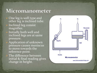  One leg is well type and
other leg is inclined tube.
 Inclined leg consist
magnifier.
 Initially both well and
inclined legs are at same
pressure.
 Application of unknown
pressure causes meniscus
to move towards the
reference point.
 The difference between
initial & final reading gives
change in height.
 