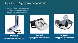 Types of a Sphygmomanometer
1. Mercury Sphygmomanometer
2. Aneroid Sphygmomanometer
3. Digital Sphygmomanometer
Mercury
sphygmomanometer
Aneroid
sphygmomanomete
r
Digital
sphygmomanometer
10
 