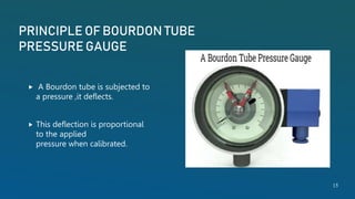 PRINCIPLE OF BOURDON TUBE
PRESSURE GAUGE
 A Bourdon tube is subjected to
a pressure ,it deflects.
 This deflection is proportional
to the applied
pressure when calibrated.
15
 