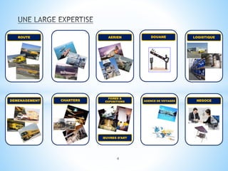 DEMENAGEMENT
LOGISTIQUEDOUANE
AGENCE DE VOYAGES
ROUTE AERIEN
CHARTERS NEGOCE
FOIRES &
EXPOSITIONS
ŒUVRES D’ART
4
 