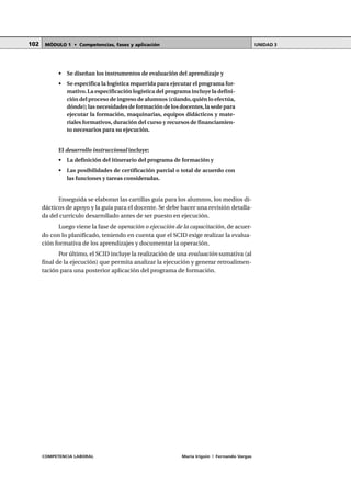 COMPETENCIA LABORAL María Irigoin | Fernando Vargas
MÓDULO 1 • Competencias, fases y aplicación UNIDAD 3102
• Se diseñan los instrumentos de evaluación del aprendizaje y
• Se especifica la logística requerida para ejecutar el programa for-
mativo.La especificación logística del programa incluye la defini-
ción del proceso de ingreso de alumnos (cúando,quién lo efectúa,
dónde); las necesidades de formación de los docentes,la sede para
ejecutar la formación, maquinarias, equipos didácticos y mate-
riales formativos, duración del curso y recursos de financiamien-
to necesarios para su ejecución.
El desarrollo instruccional incluye:
• La definición del itinerario del programa de formación y
• Las posibilidades de certificación parcial o total de acuerdo con
las funciones y tareas consideradas.
Enseguida se elaboran las cartillas guía para los alumnos, los medios di-
dácticos de apoyo y la guía para el docente. Se debe hacer una revisión detalla-
da del currículo desarrollado antes de ser puesto en ejecución.
Luego viene la fase de operación o ejecución de la capacitación, de acuer-
do con lo planificado, teniendo en cuenta que el SCID exige realizar la evalua-
ción formativa de los aprendizajes y documentar la operación.
Por último, el SCID incluye la realización de una evaluación sumativa (al
final de la ejecución) que permita analizar la ejecución y generar retroalimen-
tación para una posterior aplicación del programa de formación.
 