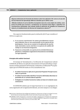 COMPETENCIA LABORAL María Irigoin | Fernando Vargas
MÓDULO 1 • Competencias, fases y aplicación UNIDAD 3106
Dos aspectos fundamentales para la realización del AF que considera el
SENA en su guía son:
a. Es un proceso experimental. No existen procedimientos exactos
para realizarlo; estos se van construyendo con los aportes de los
participantes. Como tal, no consiste en la aplicación de una fór-
mula matemática exacta; más bien es un proceso de análisis del
trabajo en sus funciones integrantes.
b. El proceso se desarrolla con expertos de la actividad laboral, em-
pleadores y trabajadores siguiendo los lineamientos metodológi-
cos aquí expuestos.
Principios del análisis funcional
El Consejo de Normalización y Certificación de Competencia Laboral
CONOCER, de México, ha aplicado extensamente el AF para identificar compe-
tencias con fines posteriores de formación, evaluación y certificación.43
Los prin-
cipios que el CONOCER resalta en el AF, textualmente son:
• El análisis funcional se aplica de lo general (el Propósito Principal recono-
cido) a lo particular
• El análisis funcional debe identificar funciones delimitadas (discretas) se-
parándolas de un contexto laboral específico
• El desglose en el análisis funcional se realiza con base en la relación causa-
consecuencia.
El CONOCER enfatiza que el mapa funcional no es un organigrama (la
carta organizativa de la organización laboral), así como tampoco es un diagra-
Algunas instituciones de formación de América Latina han aplicado el AF, como es el caso del
Servicio Nacional de Aprendizaje SENA de Colombia que lo define como:
«Método mediante el cual se identifica el propósito clave de un área objeto de análisis, como
punto de partida para enunciar y correlacionar sus funciones hasta llegar a especificar las
contribuciones individuales. Este método facilita la definición de Unidades de Competencia
Laboral y el establecimiento de Normas de Competencia Laboral.»42
○ ○ ○ ○ ○ ○ ○ ○ ○ ○ ○ ○ ○ ○ ○ ○ ○ ○ ○ ○ ○ ○ ○ ○ ○ ○ ○ ○ ○ ○ ○ ○ ○ ○ ○ ○ ○ ○ ○ ○ ○ ○ ○ ○
42 Guía para la identificación de Unidades de Competencia y Titulaciones con base en el Análisis Funcional,
Servicio Nacional de Aprendizaje SENA, División de Estudios Ocupacionales, Bogotá, 1998.
43 CONOCER, Análisis Ocupacional y Funcional del Trabajo, publicado por el Programa de Cooperación
Iberoamericana para el Diseño de la Formación Profesional (IBERFOP), Organización de Estados Ibero-
americanos para la Educación la Ciencia y la Cultura (OEI), 1999.
 