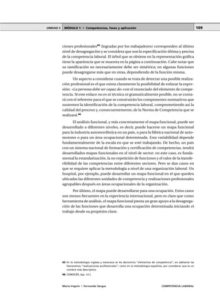 MÓDULO 1 • Competencias, fases y aplicaciónUNIDAD 3
María Irigoin | Fernando Vargas COMPETENCIA LABORAL
109
ciones profesionales45
(logradas por los trabajadores) corresponden al último
nivel de desagregación y se considera que son la especificación última y precisa
de la competencia laboral. El árbol que se obtiene en la representación gráfica
tiene la apariencia que se muestra en la página a continuación. Cabe notar que
su ramificación no necesariamente debe ser simétrica; en algunas funciones
puede desagregarse más que en otras, dependiendo de la función misma.
Un aspecto a considerar cuando se trata de detectar una posible realiza-
ción profesional es el que exista claramente la posibilidad de enlazar la expre-
sión: «La persona debe ser capaz de» con el enunciado del elemento de compe-
tencia. Si este enlace no es ni técnica ni gramaticalmente posible, no se conta-
rá con el referente para el que se construirán los componentes normativos que
sustenten la identificación de la competencia laboral, comprometiendo así la
calidad del proceso y, consecuentemente, de la Norma de Competencia que se
realizará.46
El análisis funcional, y más concretamente el mapa funcional, puede ser
desarrollado a diferentes niveles, es decir, puede hacerse un mapa funcional
para la industria automovilística en un país, o para la fábrica nacional de auto-
motores o para un área ocupacional determinada. Esta variabilidad depende
fundamentalmente de la escala en que se esté trabajando. De hecho, un país
con un sistema nacional de formación y certificación de competencias, tendrá
desarrollados mapas funcionales en el nivel de sector; en este caso, es funda-
mental la estandarización, la no repetición de funciones y el valor de la transfe-
ribilidad de las competencias entre diferentes sectores. Pero se dan casos en
que se requiere aplicar la metodología a nivel de una organización laboral. Un
hospital, por ejemplo, puede desarrollar un mapa funcional en el que queden
ubicadas las diferentes unidades de competencia y realizaciones profesionales
agrupables después en áreas ocupacionales de la organización.
Por último, el mapa puede desarrollarse para una ocupación. Estos casos
son menos frecuentes en la experiencia internacional, pero es claro que como
herramienta de análisis, el mapa funcional presta un gran apoyo a la desagrega-
ción de las funciones que desarrolla una ocupación determinada iniciando el
trabajo desde su propósito clave.
○ ○ ○ ○ ○ ○ ○ ○ ○ ○ ○ ○ ○ ○ ○ ○ ○ ○ ○ ○ ○ ○ ○ ○ ○ ○ ○ ○ ○ ○ ○ ○ ○ ○ ○ ○ ○ ○ ○ ○ ○ ○ ○ ○ ○
45 En la metodología inglesa y mexicana se les denomina “elementos de competencia”, en adelante las
llamaremos “realizaciones profesionales”, como en la metodología española, por considerar que es un
nombre más descriptivo.
46 CONOCER, (op. cit.).
 