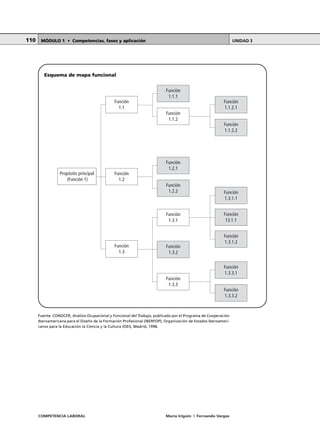 COMPETENCIA LABORAL María Irigoin | Fernando Vargas
MÓDULO 1 • Competencias, fases y aplicación UNIDAD 3110
Fuente: CONOCER, Análisis Ocupacional y Funcional del Trabajo, publicado por el Programa de Cooperación
Iberoamericana para el Diseño de la Formación Profesional (IBERFOP), Organización de Estados Iberoameri-
canos para la Educación la Ciencia y la Cultura (OEI), Madrid, 1998.
Función
1.1.2.1
Función
1.1.2.2
Función
1.3.3.1
Función
1.3.3.2
Función
13.1.1
Función
1.3.1.1
Función
1.3.1.2
Función
1.1.1
Función
1.1.2
Función
1.1
Función
1.2.1
Función
1.2.2
Función
1.2
Función
1.3.1
Función
1.3.2
Función
1.3.3
Función
1.3
Propósito principal
(Función 1)
Esquema de mapa funcional
 
