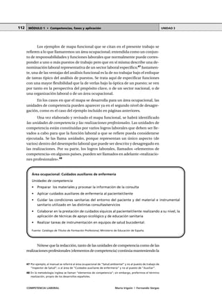 COMPETENCIA LABORAL María Irigoin | Fernando Vargas
MÓDULO 1 • Competencias, fases y aplicación UNIDAD 3112
Los ejemplos de mapa funcional que se citan en el presente trabajo se
refieren a lo que llamaremos un área ocupacional; entendida como un conjun-
to de responsabilidades y funciones laborales que normalmente puede corres-
ponder a uno o más puestos de trabajo pero que en sí misma describe una de-
nominación laboral representativa de un sector laboral específico.47
Justamen-
te, una de las ventajas del análisis funcional es la de no trabajar bajo el enfoque
de tareas típico del análisis de puestos. Se trata aquí de especificar funciones
con una mayor flexibilidad que la de verlas bajo la óptica de un puesto; se ven
por tanto en la perspectiva del propósito clave, o de un sector nacional, o de
una organización laboral o de un área ocupacional.
En los casos en que el mapa se desarrolla para un área ocupacional, las
unidades de competencia pueden aparecer ya en el segundo nivel de desagre-
gación, como es el caso del ejemplo incluido en páginas anteriores.
Una vez elaborado y revisado el mapa funcional, se habrá identificado
las unidades de competencia y las realizaciones profesionales. Las unidades de
competencia están constituidas por varios logros laborales que deben ser lle-
vados a cabo para que la función laboral a que se refiere pueda considerarse
ejecutada. Se las llama unidades, porque representan un único aspecto (de
varios) dentro del desempeño laboral que puede ser descrito y desagregado en
las realizaciones. Por su parte, los logros laborales, llamados «elementos de
competencia» en algunos países, pueden ser llamados en adelante «realizacio-
nes profesionales».48
Nótese que la redacción, tanto de las unidades de competencia como de las
realizaciones profesionales (elementos de competencia) continúa manteniendo la
Área ocupacional: Cuidados auxiliares de enfermería
Unidades de competencia
• Preparar los materiales y procesar la información de la consulta
• Aplicar cuidados auxiliares de enfermería al paciente/cliente
• Cuidar las condiciones sanitarias del entorno del paciente y del material e instrumental
sanitario utilizado en las distintas consultas/servicios
• Colaborar en la prestación de cuidados síquicos al paciente/cliente realizando a su nivel, la
aplicación de técnicas de apoyo sicológico y de educación sanitaria
• Realizar tareas de instrumentación en equipos de salud bucodental.
Fuente: Catálogo de Títulos de Formación Profesional, Ministerio de Educación de España.
○ ○ ○ ○ ○ ○ ○ ○ ○ ○ ○ ○ ○ ○ ○ ○ ○ ○ ○ ○ ○ ○ ○ ○ ○ ○ ○ ○ ○ ○ ○ ○ ○ ○ ○ ○ ○ ○ ○ ○ ○ ○ ○ ○
47 Por ejemplo, el manual se referirá al área ocupacional de “Salud ambiental” y no al puesto de trabajo de
“Inspector de Salud”; o al área de “Cuidados auxiliares de enfermería” y no al puesto de “Auxiliar”.
48 En la metodología inglesa se llaman “elementos de competencia”; sin embargo, preferimos el término
realización, propio de los desarrollos españoles.
 