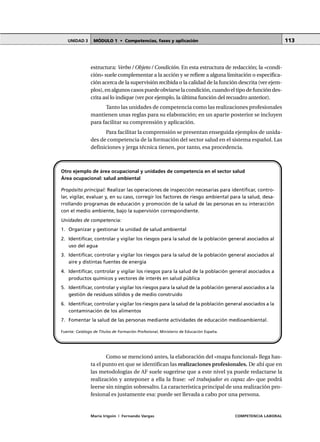 MÓDULO 1 • Competencias, fases y aplicaciónUNIDAD 3
María Irigoin | Fernando Vargas COMPETENCIA LABORAL
113
estructura: Verbo / Objeto / Condición. En esta estructura de redacción; la «condi-
ción» suele complementar a la acción y se refiere a alguna limitación o especifica-
ción acerca de la supervisión recibida o la calidad de la función descrita (ver ejem-
plos),enalgunoscasospuedeobviarselacondición,cuandoeltipodefuncióndes-
crita así lo indique (ver por ejemplo, la última función del recuadro anterior).
Tanto las unidades de competencia como las realizaciones profesionales
mantienen unas reglas para su elaboración; en un aparte posterior se incluyen
para facilitar su comprensión y aplicación.
Para facilitar la comprensión se presentan enseguida ejemplos de unida-
des de competencia de la formación del sector salud en el sistema español. Las
definiciones y jerga técnica tienen, por tanto, esa procedencia.
○ ○ ○ ○ ○ ○ ○ ○ ○ ○ ○ ○ ○ ○ ○ ○ ○ ○ ○ ○ ○ ○ ○ ○ ○ ○ ○ ○ ○ ○ ○ ○ ○ ○ ○ ○ ○ ○ ○ ○ ○ ○ ○ ○ ○
Como se mencionó antes, la elaboración del «mapa funcional» llega has-
ta el punto en que se identifican las realizaciones profesionales. De ahí que en
las metodologías de AF suele sugerirse que a este nivel ya puede redactarse la
realización y anteponer a ella la frase: «el trabajador es capaz de» que podrá
leerse sin ningún sobresalto. La característica principal de una realización pro-
fesional es justamente esa: puede ser llevada a cabo por una persona.
Otro ejemplo de área ocupacional y unidades de competencia en el sector salud
Área ocupacional: salud ambiental
Propósito principal: Realizar las operaciones de inspección necesarias para identificar, contro-
lar, vigilar, evaluar y, en su caso, corregir los factores de riesgo ambiental para la salud, desa-
rrollando programas de educación y promoción de la salud de las personas en su interacción
con el medio ambiente, bajo la supervisión correspondiente.
Unidades de competencia:
1. Organizar y gestionar la unidad de salud ambiental
2. Identificar, controlar y vigilar los riesgos para la salud de la población general asociados al
uso del agua
3. Identificar, controlar y vigilar los riesgos para la salud de la población general asociados al
aire y distintas fuentes de energía
4. Identificar, controlar y vigilar los riesgos para la salud de la población general asociados a
productos químicos y vectores de interés en salud pública
5. Identificar, controlar y vigilar los riesgos para la salud de la población general asociados a la
gestión de residuos sólidos y de medio construido
6. Identificar, controlar y vigilar los riesgos para la salud de la población general asociados a la
contaminación de los alimentos
7. Fomentar la salud de las personas mediante actividades de educación medioambiental.
Fuente: Catálogo de Títulos de Formación Profesional, Ministerio de Educación España.
 