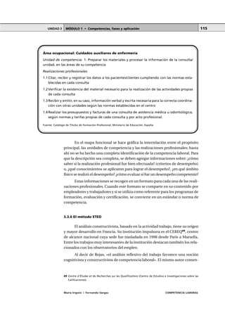MÓDULO 1 • Competencias, fases y aplicaciónUNIDAD 3
María Irigoin | Fernando Vargas COMPETENCIA LABORAL
115
En el mapa funcional se hace gráfica la interrelación entre el propósito
principal, las unidades de competencia y las realizaciones profesionales; hasta
ahí no se ha hecho una completa identificación de la competencia laboral. Para
que la descripción sea completa, se deben agregar informaciones sobre: ¿cómo
saber si la realización profesional fue bien efectuada? (criterios de desempeño)
o, ¿qué conocimientos se aplicaron para lograr el desempeño?, ¿en qué ámbito
físico se realizó el desempeño? ¿cómo evaluar si fue un desempeño competente?
Estas informaciones se recogen en un formato para cada una de las reali-
zaciones profesionales. Cuando este formato se comparte en su contenido por
empleadores y trabajadores y si se utiliza como referente para los programas de
formación, evaluación y certificación, se convierte en un estándar o norma de
competencia.
3.3.6 El método ETED
El análisis constructivista, basado en la actividad trabajo, tiene su origen
y mayor desarrollo en Francia. Su institución impulsora es el CEREQ49
, centro
de alcance nacional cuya sede fue trasladada en 1998 desde París a Marsella.
Entre los trabajos muy interesantes de la institución destacan también los rela-
cionados con los observatorios del empleo.
Al decir de Rojas, «el análisis reflexivo del trabajo favorece una noción
cognitivista y constructivista de competencia laboral». El mismo autor comen-
Área ocupacional: Cuidados auxiliares de enfermería
Unidad de competencia: 1. Preparar los materiales y procesar la información de la consulta/
unidad, en las áreas de su competencia
Realizaciones profesionales:
1.1Citar, recibir y registrar los datos a los pacientes/clientes cumpliendo con las normas esta-
blecidas en cada consulta
1.2Verificar la existencia del material necesario para la realización de las actividades propias
de cada consulta
1.3Recibir y emitir, en su caso, información verbal y escrita necesaria para la correcta coordina-
ción con otras unidades según las normas establecidas en el centro
1.4Realizar los presupuestos y facturas de una consulta de asistencia médica u odontológica,
según normas y tarifas propias de cada consulta y por acto profesional.
Fuente: Catálogo de Títulos de Formación Profesional, Ministerio de Educación, España.
○ ○ ○ ○ ○ ○ ○ ○ ○ ○ ○ ○ ○ ○ ○ ○ ○ ○ ○ ○ ○ ○ ○ ○ ○ ○ ○ ○ ○ ○ ○ ○ ○ ○ ○ ○ ○ ○ ○ ○ ○ ○ ○ ○ ○
49 Centre d´Études et de Recherches sur les Qualifications (Centro de Estudios e Investigaciones sobre las
Calificaciones).
 
