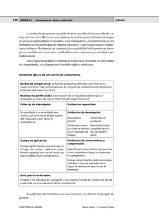 COMPETENCIA LABORAL María Irigoin | Fernando Vargas
MÓDULO 1 • Competencias, fases y aplicación UNIDAD 3120
La norma de competencia puede devenir, con relación al mercado de tra-
bajo externo –dice Mertens– en un sistema de «información dinámica de lo que
los procesos productivos demandan» a los trabajadores, «convirtiéndose así en
elementos orientadores para el sistema educativo» y que señala lo que el indivi-
duo sabe hacer. Un sistema así «mejoraría la ocupabilidad de las personas, siem-
pre y cuando las normas» sean transferibles entre empresas y se actualicen pe-
riódicamente.
En la siguiente gráfica se muestra la forma más conocida de una norma
de competencia, usualmente en el modelo inglés y mexicano.
Contenido clásico de una norma de competencia
Ya aplicado este formato a un caso concreto, se obtiene el ejemplo si-
guiente:
Unidad de competencia: La función productiva definida a ese nivel en el
mapa funcional. Está conformada por el conjunto de realizaciones profesionales
(obtenida del mapa funcional).
Realización profesional: La descripción de un resultado laboral que un
trabajador es capaz de lograr (obtenida del mapa funcional).
Criterios de desempeño: Evidencias requeridas:
Evidencias de desempeño:
Desempeño Evidencias de
directo producto
Situaciones contra Resultados tangi-
las cuales se demues- tangibles deriva-
tra el resultado del dos del desem-
trabajo. peño.
Evidencias de conocimiento y
comprensión:
Especifica el conocimiento que permite
a los trabajadores lograr un desempe-
ño competente.
Incluye conocimientos sobre principios,
métodos o teorías aplicadas para
lograr la realización descrita en el
elemento.
Un resultado y un enunciado eva-
luativo que demuestra el desempeño
del trabajador y por tanto su
competencia.
Campo de aplicación:
Incluye las diferentes circunstancias, en
el lugar de trabajo, materiales y am-
biente organizacional en el marco del
cual, se desarrolla la competencia.
Guía para la evaluación:
Establece los métodos de evaluación y las mejores formas de recolección de las
evidencias para la evaluación de la competencia.
 