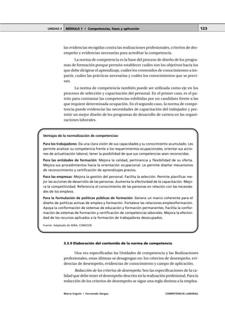 MÓDULO 1 • Competencias, fases y aplicaciónUNIDAD 3
María Irigoin | Fernando Vargas COMPETENCIA LABORAL
123
las evidencias recogidas contra las realizaciones profesionales, criterios de des-
empeño y evidencias necesarias para acreditar la competencia.
La norma de competencia es la base del proceso de diseño de los progra-
mas de formación porque permite establecer cuáles son los objetivos hacia los
que debe dirigirse el aprendizaje, cuáles los contenidos de conocimientos a im-
partir, cuáles las prácticas necesarias y cuáles los conocimientos que se preci-
san.
La norma de competencia también puede ser utilizada como eje en los
procesos de selección y capacitación del personal. En el primer caso, es el pa-
trón para contrastar las competencias exhibidas por un candidato frente a las
que requiere determinada ocupación. En el segundo caso, la norma de compe-
tencia puede evidenciar las necesidades de capacitación del trabajador y per-
mitir un mejor diseño de los programas de desarrollo de carrera en las organi-
zaciones laborales.
3.3.9 Elaboración del contenido de la norma de competencia
Una vez especificadas las Unidades de competencia y las Realizaciones
profesionales, estas últimas se desagregan en: los criterios de desempeño, evi-
dencias de desempeño, evidencias de conocimiento y campo de aplicación.
Redacción de los criterios de desempeño. Son las especificaciones de la ca-
lidad que debe tener el desempeño descrito en la realización profesional. Para la
redacción de los criterios de desempeño se sigue una regla distinta a la emplea-
Ventajas de la normalización de competencias:
Para los trabajadores: Da una clara visión de sus capacidades y su conocimiento acumulado. Les
permite analizar su competencia frente a los requerimientos ocupacionales, orientar sus accio-
nes de actualización laboral, tener la posibilidad de que sus competencias sean reconocidas.
Para las entidades de formación: Mejora la calidad, pertinencia y flexibilidad de su oferta.
Mejora sus procedimientos hacia la orientación ocupacional. Le permite diseñar mecanismos
de reconocimiento y certificación de aprendizajes previos.
Para las empresas: Mejora la gestión del personal. Facilita la selección. Permite planificar me-
jor las acciones de desarrollo de las personas. Aumenta la efectividad de la capacitación. Mejo-
ra la competitividad. Referencia el conocimiento de las personas en relación con las necesida-
des de los empleos.
Para la formulación de políticas públicas de formación: Genera un marco coherente para el
diseño de políticas activas de empleo y formación. Fortalece las relaciones empleo/formación.
Apoya la conformación de sistemas de educación y formación permanentes. Facilita la confor-
mación de sistemas de formación y certificación de competencias laborales. Mejora la efectivi-
dad de los recursos aplicados a la formación de trabajadores desocupados.
Fuente: Adaptado de SENA, CONOCER.
 