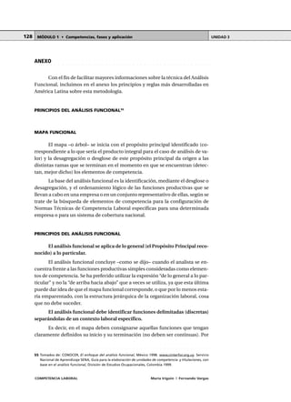COMPETENCIA LABORAL María Irigoin | Fernando Vargas
MÓDULO 1 • Competencias, fases y aplicación UNIDAD 3128
○ ○ ○ ○ ○ ○ ○ ○ ○ ○ ○ ○ ○ ○ ○ ○ ○ ○ ○ ○ ○ ○ ○ ○ ○ ○ ○ ○ ○ ○ ○ ○ ○ ○ ○ ○ ○ ○ ○ ○ ○ ○ ○ ○ ○
ANEXO
Con el fin de facilitar mayores informaciones sobre la técnica del Análisis
Funcional, incluimos en el anexo los principios y reglas más desarrolladas en
América Latina sobre esta metodología.
PRINCIPIOS DEL ANÁLISIS FUNCIONAL55
MAPA FUNCIONAL
El mapa –o árbol– se inicia con el propósito principal identificado (co-
rrespondiente a lo que sería el producto integral para el caso de análisis de va-
lor) y la desagregación o desglose de este propósito principal da origen a las
distintas ramas que se terminan en el momento en que se encuentran (detec-
tan, mejor dicho) los elementos de competencia.
La base del análisis funcional es la identificación, mediante el desglose o
desagregación, y el ordenamiento lógico de las funciones productivas que se
llevan a cabo en una empresa o en un conjunto representativo de ellas, según se
trate de la búsqueda de elementos de competencia para la configuración de
Normas Técnicas de Competencia Laboral específicas para una determinada
empresa o para un sistema de cobertura nacional.
PRINCIPIOS DEL ANÁLISIS FUNCIONAL
El análisis funcional se aplica de lo general (el Propósito Principal reco-
nocido) a lo particular.
El análisis funcional concluye –como se dijo– cuando el analista se en-
cuentra frente a las funciones productivas simples consideradas como elemen-
tos de competencia. Se ha preferido utilizar la expresión “de lo general a lo par-
ticular” y no la “de arriba hacia abajo” que a veces se utiliza, ya que esta última
puede dar idea de que el mapa funcional corresponde, o que por lo menos esta-
ría emparentado, con la estructura jerárquica de la organización laboral, cosa
que no debe suceder.
El análisis funcional debe identificar funciones delimitadas (discretas)
separándolas de un contexto laboral específico.
Es decir, en el mapa deben consignarse aquellas funciones que tengan
claramente definidos su inicio y su terminación (no deben ser continuas). Por
○ ○ ○ ○ ○ ○ ○ ○ ○ ○ ○ ○ ○ ○ ○ ○ ○ ○ ○ ○ ○ ○ ○ ○ ○ ○ ○ ○ ○ ○ ○ ○ ○ ○ ○ ○ ○ ○ ○ ○ ○ ○ ○ ○ ○
55 Tomados de: CONOCER, El enfoque del análisis funcional, México 1998. www.cinterfor.org.uy. Servicio
Nacional de Aprendizaje SENA, Guía para la elaboración de unidades de competencia y titulaciones, con
base en el análisis funcional, División de Estudios Ocupacionales, Colombia 1999.
 
