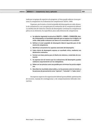 MÓDULO 1 • Competencias, fases y aplicaciónUNIDAD 3
María Irigoin | Fernando Vargas COMPETENCIA LABORAL
131
trada por un grupo de expertos a la pregunta: ¿Cómo puede saberse si una per-
sona es competente en el elemento de competencia? (SENA, 1999)
Expresan, por lo tanto, el nivel aceptable del desempeño en cada elemen-
to de competencia y son una guía para la evaluación de la competencia laboral.
La satisfacción de todos los criterios de desempeño constituye la competencia
plena en un elemento. Se especifican para cada elemento de competencia:
a. Se redactan siguiendo la estructura OBJETO + VERBO + CONDICIÓN, don-
de el desempeño o el resultado esperado que se expresa con el objeto y el
verbo, debe poder evaluarse con base en lo enunciado en la condición.
b. Definen el nivel aceptable de desempeño laboral requerido para el ele-
mento de competencia.
c. Identifican únicamente los aspectos esenciales del desempeño.
d. Cada criterio de desempeño expresa un resultado crítico, mediante una
declaración evaluativa.
e. Forman una base precisa para el diseño de sistemas y materiales de eva-
luación.
f. Se expresan de tal manera que las evaluaciones del desempeño puedan
realizarse conjuntamente con los trabajadores.
g. Deben ser tan precisos como sea posible para minimizar los juicios subjeti-
vos.
h. Describen los resultados observables, y no los procesos como la revisión, o
los procesos de pensamiento como “apreciar”, “entender” o “saber cómo”.
Incorporan aspectos de organización laboral (puntualidad, optimización
de recursos, manejo de contingencias) y de comportamientos laborales inte-
ractivos.
 