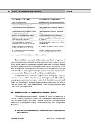 COMPETENCIA LABORAL María Irigoin | Fernando Vargas
MÓDULO 1 • Competencias, fases y aplicación UNIDAD 4140
Fuente: Adaptado de Fletcher (1994), Mertens (1997), Gonzci (1996).
La evaluación del desempeño tradicionalmente utilizada en la gestión de
recursos humanos ha venido incluyendo progresivamente el concepto de com-
petencias. En sus más reconocidas versiones la tradicional evaluación del des-
empeño se basaba en factores de desempeño tales como la puntualidad, el cui-
dado de los bienes, el manejo de las relaciones, la dinámica y motivación que
eran colocados en escalas y calificados por los superiores inmediatos con base
en su observación del desempeño de la trabajadora o trabajador.
A diferencia de esta evaluación tradicional del desempeño, las nuevas
formas se acercan a definir competencias, es decir logros o capacidades labora-
les y agrega evidencias de tales logros para reducir al máximo la subjetividad.
De ahí que normalmente la evaluación por competencias se hace con referen-
cia a una norma en la cual se ha establecido el desempeño competente y los
criterios para juzgar su calidad.
4.4 CARACTERÍSTICAS DE LA EVALUACIÓN DE COMPETENCIAS
Algunos factores caracterizan la evaluación de competencias, porque su
enfoque es realmente diferente de los tradicionales sistemas de evaluación de
corte fundamentalmente académico. El punto central de la evaluación de com-
petencias es el desempeño laboral y, sin carácter taxativo, tiene los siguientes
distintivos:
• Está fundamentada en estándares que describen el nivel esperado de com-
petencia laboral
EVALUACIÓN TRADICIONAL EVALUACIÓN DE COMPETENCIA
Utiliza escalas numéricas Se basa en el juicio «competente» o «aún no»
Compara el rendimiento del grupo Es individualizada
Los evaluados no conocen las preguntas Los evaluados conocen las áreas que cubrirá
la evaluación
Los evaluados no participan en la fijación Los evaluados participan en la fijación de
de objetivos de la evaluación objetivos
Se realiza en un momento del tiempo Es un proceso planificado y coordinado
Usualmente se hace por escrito o con Se centra en evidencias del desempeño real
ejercicios prácticos simulados en el trabajo
El evaluador juega un papel pasivo El evaluador juega un papel activo, incluso
usualmente como vigilante de la prueba como formador
Se basa en partes de un programa de No toma en cuenta programas de estudios
estudios o a la finalización del mismo
No incluye conocimientos fuera de los Incluye la evaluación de conocimientos
programas de estudio. previamente adquiridos por experiencia.
 