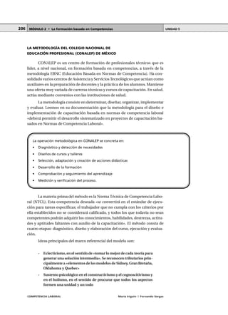 COMPETENCIA LABORAL María Irigoin | Fernando Vargas
MÓDULO 2 • La formación basada en Competencias UNIDAD 5206
LA METODOLOGÍA DEL COLEGIO NACIONAL DE
EDUCACIÓN PROFESIONAL (CONALEP) DE MÉXICO
CONALEP es un centro de formación de profesionales técnicos que es
líder, a nivel nacional, en formación basada en competencias, a través de la
metodología EBNC (Educación Basada en Normas de Competencia). Ha con-
solidado varios centros de Asistencia y Servicios Tecnológicos que actúan como
auxiliares en la preparación de docentes y la práctica de los alumnos. Mantiene
una oferta muy variada de carreras técnicas y cursos de capacitación. En salud,
actúa mediante convenios con las instituciones de salud.
La metodología consiste en determinar, diseñar, organizar, implementar
y evaluar. Leemos en su documentación que la metodología para el diseño e
implementación de capacitación basada en normas de competencia laboral
«deberá permitir el desarrollo sistematizado en proyectos de capacitación ba-
sados en Normas de Competencia Laboral».
La materia prima del método es la Norma Técnica de Competencia Labo-
ral (NTCL). Esta competencia deseada «se convertirá en el estándar de ejecu-
ción para tareas específicas; el trabajador que no cumpla con los criterios por
ella establecidos no se considerará calificado, y todos los que todavía no sean
competentes podrán adquirir los conocimientos, habilidades, destrezas, actitu-
des y aptitudes faltantes con auxilio de la capacitación». El método consta de
cuatro etapas: diagnóstico, diseño y elaboración del curso, ejecución y evalua-
ción.
Ideas principales del marco referencial del modelo son:
- Eclecticismo,en el sentido de «tomar lo mejor de cada teoría para
generar una solución intermedia». Se reconocen tributarios prin-
cipalmente a «elementos de los modelos de Sidney, Gran Bretaña,
Oklahoma y Quebec»
- Sustento psicológico en el constructivismo y el cognoscitivismo y
en el holismo, en el sentido de procurar que todos los aspectos
formen una unidad y un todo
La operación metodológica en CONALEP se concreta en:
• Diagnóstico y detección de necesidades
• Diseños de cursos y talleres
• Selección, adaptación y creación de acciones didácticas
• Desarrollo de la formación
• Comprobación y seguimiento del aprendizaje
• Medición y verificación del proceso.
 