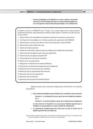 MÓDULO 2 • La formación basada en CompetenciasUNIDAD 5
María Irigoin | Fernando Vargas COMPETENCIA LABORAL
207
- Sustento pedagógico en la didáctica en cuanto a diseño y desarrollo
curricular,en la tecnología educativa,en el aprendizaje significativo,
en la concepción constructivista del aprendizaje y en la calidad total.
Algunos puntos que estimamos importantes de destacar en el listado
precedente:
• Para el diseño del objetivo general (paso 5) se consideran dos situaciones:
Proceso A – si se diseñará el curso a partir de una unidad de competen-
cia, o
Proceso B – si se hará el diseño a partir de un elemento de competencia.
Lo más común es la situación A, en cuyo caso el objetivo general que se
establece es muy parecido a la misma unidad de competencia.
• La organización modular (paso 6) se hace una vez que se cuenta con el
objetivo general del curso (paso 5).
El diseño curricular en CONALEP tiene 17 pasos. Aun cuando algunos de los pasos podrían
fácilmente fusionarse, esta presentación analítica puede ayudar a formarse una idea clara de
lo que se hace:
1. Determinación de necesidades de capacitación del sector productivo y de servicios
2. Verificación de necesidades con la oferta y políticas de capacitación del CONALEP
3. Identificación y revisión de la Norma Técnica de Competencia Laboral (NTCL)
4. Determinación del nombre del curso
5. Diseño del objetivo general
6. Diseño de contenidos y determinación de módulos y/o unidades de aprendizaje
7. Determinación de objetivos particulares (o específicos)
8. Determinación de objetivos específicos72
9. Estructuración de criterios de evaluación
10.Diseño de la carta descriptiva
11.Adquisición o elaboración de material didáctico
12.Verificación y propuesta de equipamiento y/o adaptación
13.Definición de las características del candidato
14.Definición de las características del instructor
15.Ejecución del curso de capacitación
16.Aplicación de la evaluación
17.Operación del proceso de retroalimentación.
○ ○ ○ ○ ○ ○ ○ ○ ○ ○ ○ ○ ○ ○ ○ ○ ○ ○ ○ ○ ○ ○ ○ ○ ○ ○ ○ ○ ○ ○ ○ ○ ○ ○ ○ ○ ○ ○ ○ ○ ○ ○ ○ ○
72 Los llamados «objetivos particulares» corresponden a los objetivos de cada módulo y los «objetivos espe-
cíficos» corresponden a objetivos menores, al interior de cada módulo.
 