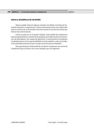 COMPETENCIA LABORAL María Irigoin | Fernando Vargas
MÓDULO 2 • La formación basada en Competencias UNIDAD 5208
○ ○ ○ ○ ○ ○ ○ ○ ○ ○ ○ ○ ○ ○ ○ ○ ○ ○ ○ ○ ○ ○ ○ ○ ○ ○ ○ ○ ○ ○ ○ ○ ○ ○ ○ ○ ○ ○ ○ ○ ○ ○ ○ ○
HACIA EL DESARROLLO DE UN DISEÑO
Hemos podido observar algunos ejemplos de diseño curricular de for-
mación basada en competencias y ahora avanzaremos hacia una explicación
más en concreto de un desarrollo curricular a partir de una de las normas que
hemos visto anteriormente.
Como se pudo ver en el primer módulo, cada unidad de competencia
está acompañada de los criterios de desempeño, las evidencias de conocimien-
tos y de desempeño, y los campos de aplicación. A continuación le recordamos
un ejemplo que ya se tuvo oportunidad de ver en la unidad 3, y solo con el obje-
to de que pueda examinar lo que es cada uno de los puntos señalados.
Para aproximarnos al desarrollo de un diseño, tomaremos una norma de
competencia que ya hemos visto como ejemplo, que es la siguiente:
 