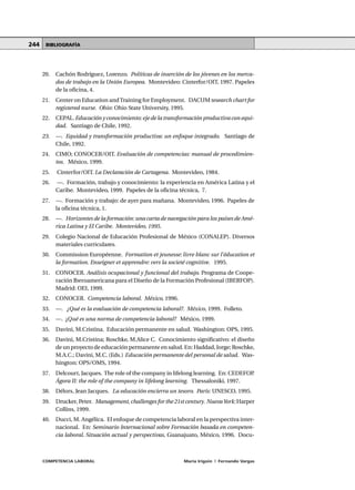 COMPETENCIA LABORAL María Irigoin | Fernando Vargas
MÓDULO 2 • La formación basada en Competencias UNIDAD 6244
20. Cachón Rodríguez, Lorenzo. Políticas de inserción de los jóvenes en los merca-
dos de trabajo en la Unión Europea. Montevideo: Cinterfor/OIT, 1997. Papeles
de la oficina, 4.
21. Center on Education andTraining for Employment. DACUM research chart for
registered nurse. Ohio: Ohio State University, 1995.
22. CEPAL. Educación y conocimiento: eje de la transformación productiva con equi-
dad. Santiago de Chile, 1992.
23. —. Equidad y transformación productiva: un enfoque integrado. Santiago de
Chile, 1992.
24. CIMO; CONOCER/OIT. Evaluación de competencias: manual de procedimien-
tos. México, 1999.
25. Cinterfor/OIT. La Declaración de Cartagena. Montevideo, 1984.
26. —. Formación, trabajo y conocimiento: la experiencia en América Latina y el
Caribe. Montevideo, 1999. Papeles de la oficina técnica, 7.
27. —. Formación y trabajo: de ayer para mañana. Montevideo, 1996. Papeles de
la oficina técnica, 1.
28. —. Horizontes de la formación: una carta de navegación para los países de Amé-
rica Latina y El Caribe. Montevideo, 1995.
29. Colegio Nacional de Educación Profesional de México (CONALEP). Diversos
materiales curriculares.
30. Commission Européenne. Formation et jeunesse: livre blanc sur l’éducation et
la formation. Enseigner et apprendre: vers la societé cognitive. 1995.
31. CONOCER. Análisis ocupacional y funcional del trabajo. Programa de Coope-
ración Iberoamericana para el Diseño de la Formación Profesional (IBERFOP).
Madrid: OEI, 1999.
32. CONOCER. Competencia laboral. México, 1996.
33. —. ¿Qué es la evaluación de competencia laboral?. México, 1999. Folleto.
34. —. ¿Qué es una norma de competencia laboral? México, 1999.
35. Davini, M.Cristina. Educación permanente en salud. Washington: OPS, 1995.
36. Davini, M.Cristina; Roschke, M.Alice C. Conocimiento significativo: el diseño
de un proyecto de educación permanente en salud. En: Haddad, Jorge; Roschke,
M.A.C.; Davini, M.C. (Eds.) Educación permanente del personal de salud. Was-
hington: OPS/OMS, 1994.
37. Delcourt, Jacques. The role of the company in lifelong learning. En: CEDEFOP.
Ágora II: the role of the company in lifelong learning. Thessaloniki, 1997.
38. Délors, Jean Jacques. La educación encierra un tesoro. París: UNESCO, 1995.
39. Drucker, Peter. Management, challenges for the 21st century. NuevaYork:Harper
Collins, 1999.
40. Ducci, M. Angélica. El enfoque de competencia laboral en la perspectiva inter-
nacional. En: Seminario Internacional sobre Formación basada en competen-
cia laboral. Situación actual y perspectivas, Guanajuato, México, 1996. Docu-
BIBLIOGRAFÍA
 