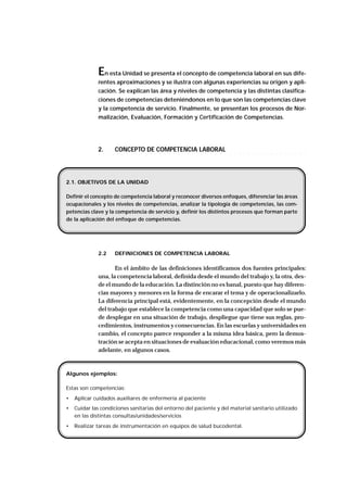 En esta Unidad se presenta el concepto de competencia laboral en sus dife-
rentes aproximaciones y se ilustra con algunas experiencias su origen y apli-
cación. Se explican las área y niveles de competencia y las distintas clasifica-
ciones de competencias deteniéndonos en lo que son las competencias clave
y la competencia de servicio. Finalmente, se presentan los procesos de Nor-
malización, Evaluación, Formación y Certificación de Competencias.
○ ○ ○ ○ ○ ○ ○ ○ ○ ○ ○ ○ ○ ○ ○ ○ ○ ○ ○ ○ ○ ○ ○ ○ ○ ○ ○ ○ ○ ○ ○ ○ ○ ○ ○ ○ ○ ○ ○ ○ ○ ○ ○ ○ ○
2. CONCEPTO DE COMPETENCIA LABORAL
2.2 DEFINICIONES DE COMPETENCIA LABORAL
En el ámbito de las definiciones identificamos dos fuentes principales:
una, la competencia laboral, definida desde el mundo del trabajo y, la otra, des-
de el mundo de la educación. La distinción no es banal, puesto que hay diferen-
cias mayores y menores en la forma de encarar el tema y de operacionalizarlo.
La diferencia principal está, evidentemente, en la concepción desde el mundo
del trabajo que establece la competencia como una capacidad que solo se pue-
de desplegar en una situación de trabajo, despliegue que tiene sus reglas, pro-
cedimientos, instrumentos y consecuencias. En las escuelas y universidades en
cambio, el concepto parece responder a la misma idea básica, pero la demos-
tración se acepta en situaciones de evaluación educacional, como veremos más
adelante, en algunos casos.
2.1. OBJETIVOS DE LA UNIDAD
Definir el concepto de competencia laboral y reconocer diversos enfoques, diferenciar las áreas
ocupacionales y los niveles de competencias, analizar la tipología de competencias, las com-
petencias clave y la competencia de servicio y, definir los distintos procesos que forman parte
de la aplicación del enfoque de competencias.
Algunos ejemplos:
Estas son competencias:
• Aplicar cuidados auxiliares de enfermería al paciente
• Cuidar las condiciones sanitarias del entorno del paciente y del material sanitario utilizado
en las distintas consultas/unidades/servicios
• Realizar tareas de instrumentación en equipos de salud bucodental.
 