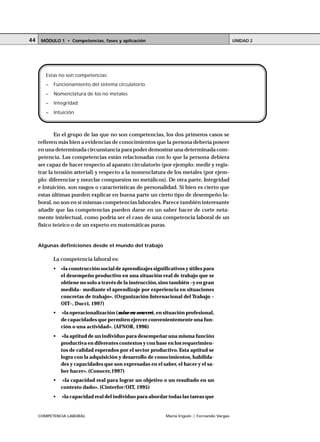 COMPETENCIA LABORAL María Irigoin | Fernando Vargas
MÓDULO 1 • Competencias, fases y aplicación UNIDAD 244
En el grupo de las que no son competencias, los dos primeros casos se
refieren más bien a evidencias de conocimientos que la persona debería poseer
en una determinada circunstancia para poder demostrar una determinada com-
petencia. Las competencias están relacionadas con lo que la persona debiera
ser capaz de hacer respecto al aparato circulatorio (por ejemplo: medir y regis-
trar la tensión arterial) y respecto a la nomenclatura de los metales (por ejem-
plo: diferenciar y mezclar compuestos no metálicos). De otra parte, Integridad
e Intuición, son rasgos o características de personalidad. Si bien es cierto que
estas últimas pueden explicar en buena parte un cierto tipo de desempeño la-
boral, no son en sí mismas competencias laborales. Parece también interesante
añadir que las competencias pueden darse en un saber hacer de corte neta-
mente intelectual, como podría ser el caso de una competencia laboral de un
físico teórico o de un experto en matemáticas puras.
Algunas definiciones desde el mundo del trabajo
La competencia laboral es:
• «la construcción social de aprendizajes significativos y útiles para
el desempeño productivo en una situación real de trabajo que se
obtiene no solo a través de la instrucción,sino también –y en gran
medida– mediante el aprendizaje por experiencia en situaciones
concretas de trabajo». (Organización Internacional del Trabajo –
OIT–, Ducci, 1997)
• «la operacionalización (mise en oeuvre), en situación profesional,
de capacidades que permiten ejercer convenientemente una fun-
ción o una actividad». (AFNOR, 1996)
• «la aptitud de un individuo para desempeñar una misma función
productiva en diferentes contextos y con base en los requerimien-
tos de calidad esperados por el sector productivo. Esta aptitud se
logra con la adquisición y desarrollo de conocimientos, habilida-
des y capacidades que son expresadas en el saber, el hacer y el sa-
ber hacer». (Conocer,1997)
• «la capacidad real para lograr un objetivo o un resultado en un
contexto dado». (Cinterfor/OIT, 1995)
• «la capacidad real del individuo para abordar todas las tareas que
Estas no son competencias:
– Funcionamiento del sistema circulatorio
– Nomenclatura de los no metales
– Integridad
– Intuición.
 