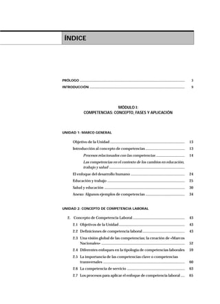 PRÓLOGO ........................................................................................................... 3
INTRODUCCIÓN ................................................................................................. 9
MÓDULO I:
COMPETENCIAS: CONCEPTO, FASES Y APLICACIÓN
UNIDAD 1: MARCO GENERAL
Objetivo de la Unidad ............................................................................ 13
Introducción al concepto de competencias ........................................ 13
Procesos relacionados con las competencias ............................. 14
Las competencias en el contexto de los cambios en educación,
trabajo y salud .............................................................................
El enfoque del desarrollo humano ....................................................... 24
Educación y trabajo ............................................................................... 25
Salud y educación .................................................................................. 30
Anexo: Algunos ejemplos de competencias ........................................ 34
UNIDAD 2: CONCEPTO DE COMPETENCIA LABORAL
2. Concepto de Competencia Laboral..................................................... 43
2.1 Objetivos de la Unidad ................................................................... 43
2.2 Definiciones de competencia laboral........................................... 43
2.3 Una visión global de las competencias; la creación de «Marcos
Nacionales» ..................................................................................... 52
2.4 Diferentes enfoques en la tipología de competencias laborales 59
2.5 La importancia de las competencias clave o competencias
transversales ................................................................................... 60
2.6 La competencia de servicio ........................................................... 63
2.7 Los procesos para aplicar el enfoque de competencia laboral .... 65
ÍNDICE
 