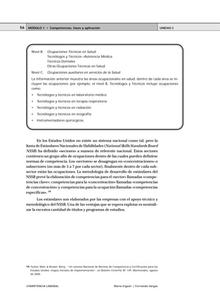 COMPETENCIA LABORAL María Irigoin | Fernando Vargas
MÓDULO 1 • Competencias, fases y aplicación UNIDAD 256
En los Estados Unidos no existe un sistema nacional como tal, pero la
Junta de Estándares Nacionales de Habilidades (National Skills Standards Board
NSSB) ha definido «sectores» a manera de referente nacional. Estos sectores
contienen un grupo afín de ocupaciones dentro de las cuales pueden definirse
normas de competencia. Los «sectores» se desagregan en «concentraciones» o
subsectores (no más de 5 a 7 por cada sector), finalmente dentro de cada sub-
sector están las ocupaciones. La metodología de desarrollo de estándares del
NSSB prevé la elaboración de competencias para el «sector» llamadas «compe-
tencias clave»; competencias para la «concentración» llamadas «competencias
de concentración» y competencias para la ocupación llamadas «competencias
específicas». 19
Los estándares son elaborados por las empresas con el apoyo técnico y
metodológico del NSSB. Una de las ventajas que se espera explotar es neutrali-
zar la excesiva cantidad de títulos y programas de estudios.
Nivel B: Ocupaciones Técnicas en Salud:
Tecnólogos y Técnicos –Asistencia Médica
Técnicos Dentales
Otras Ocupaciones Técnicas en Salud
Nivel C: Ocupaciones auxiliares en servicios de la Salud
La información anterior muestra las áreas ocupacionales en salud; dentro de cada área se in-
cluyen las ocupaciones; por ejemplo, el nivel B, Tecnólogos y Técnicos incluye ocupaciones
como:
• Tecnólogos y técnicos en laboratorio médico
• Tecnólogos y técnicos en terapia respiratoria
• Tecnólogos y técnicos en radiación
• Tecnólogos y técnicos en ecografía
• Instrumentadores quirúrgicos.
○ ○ ○ ○ ○ ○ ○ ○ ○ ○ ○ ○ ○ ○ ○ ○ ○ ○ ○ ○ ○ ○ ○ ○ ○ ○ ○ ○ ○ ○ ○ ○ ○ ○ ○ ○ ○ ○ ○ ○ ○ ○ ○ ○
19 Tucker, Marc & Brown, Betsy , “Un sistema Nacional de Normas de Competencia y Certificación para los
Estados Unidos: etapas iniciales de implementación”, en Boletín Cinterfor Nº 149, Montevideo, agosto
de 2000.
 