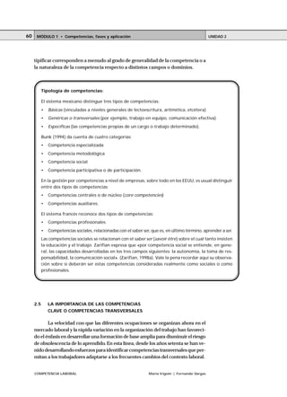 COMPETENCIA LABORAL María Irigoin | Fernando Vargas
MÓDULO 1 • Competencias, fases y aplicación UNIDAD 260
tipificar corresponden a menudo al grado de generalidad de la competencia o a
la naturaleza de la competencia respecto a distintos campos o dominios.
2.5 LA IMPORTANCIA DE LAS COMPETENCIAS
CLAVE O COMPETENCIAS TRANSVERSALES
La velocidad con que las diferentes ocupaciones se organizan ahora en el
mercado laboral y la rápida variación en la organización del trabajo han favoreci-
do el énfasis en desarrollar una formación de base amplia para disminuir el riesgo
de obsolescencia de lo aprendido. En esta línea, desde los años setenta se han ve-
nidodesarrollandoesfuerzosparaidentificarcompetenciastransversalesqueper-
mitan a los trabajadores adaptarse a los frecuentes cambios del contexto laboral.
Tipología de competencias:
El sistema mexicano distingue tres tipos de competencias:
• Básicas (vinculadas a niveles generales de lectoescritura, aritmética, etcétera)
• Genéricas o transversales (por ejemplo, trabajo en equipo, comunicación efectiva)
• Específicas (las competencias propias de un cargo o trabajo determinado).
Bunk (1994) da cuenta de cuatro categorías:
• Competencia especializada
• Competencia metodológica
• Competencia social
• Competencia participativa o de participación.
En la gestión por competencias a nivel de empresas, sobre todo en los EEUU, es usual distinguir
entre dos tipos de competencias:
• Competencias centrales o de núcleo (core competencies)
• Competencias auxiliares.
El sistema francés reconoce dos tipos de competencias:
• Competencias profesionales
• Competencias sociales, relacionadas con el saber ser, que es, en último término, aprender a ser.
Las competencias sociales se relacionan con el saber ser (savoir être) sobre el cual tanto insisten
la educación y el trabajo. Zarifian expresa que «por competencia social se entiende, en gene-
ral, las capacidades desarrolladas en los tres campos siguientes: la autonomía, la toma de res-
ponsabilidad, la comunicación social». (Zarifian, 1998a). Vale la pena recordar aquí su observa-
ción sobre si deberán ser estas competencias consideradas realmente como sociales o como
profesionales.
 
