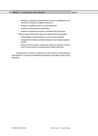 COMPETENCIA LABORAL María Irigoin | Fernando Vargas
MÓDULO 1 • Competencias, fases y aplicación UNIDAD 270
– Identificar y calcular la conservación de la masa, el rendimiento, la va-
riación de la energía y la rapidez del proceso.
– Analizar el equilibrio químico y sus perturbaciones.
– Analizar las perturbaciones ambientales.
– Analizar las implicancias sociales y económicas de los procesos.
• Dado un cuadro informativo sobre una realidad histórico geográfica:
– Contextualizar eventos históricos en una secuencia temporal.
– Comprender la relación sociedad naturaleza en un arreglo espacial es-
pecífico.
– Destacar factores sociales, económicos, políticos y culturales constitu-
tivos de esos eventos en configuraciones sociales específicas.
Fundamentar el carácter constitutivo de estos factores, relacionando la
vinculación de conceptos con unidades temporales y espaciales en que son sig-
nificativos.
 