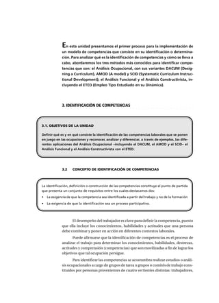 En esta unidad presentamos el primer proceso para la implementación de
un modelo de competencias que consiste en su identificación o determina-
ción. Para analizar qué es la identificación de competencias y cómo se lleva a
cabo, abordaremos los tres métodos más conocidos para identificar compe-
tencias que son: el Análisis Ocupacional, con sus variantes DACUM (Desig-
ning a Curriculum), AMOD (A model) y SCID (Systematic Curriculum Instruc-
tional Development); el Análisis Funcional y el Análisis Constructivista, in-
cluyendo el ETED (Empleo Tipo Estudiado en su Dinámica).
○ ○ ○ ○ ○ ○ ○ ○ ○ ○ ○ ○ ○ ○ ○ ○ ○ ○ ○ ○ ○ ○ ○ ○ ○ ○ ○ ○ ○ ○ ○ ○ ○ ○ ○ ○ ○ ○ ○ ○ ○ ○ ○ ○ ○
3. IDENTIFICACIÓN DE COMPETENCIAS
3.2 CONCEPTO DE IDENTIFICACIÓN DE COMPETENCIAS
El desempeño del trabajador es clave para definir la competencia, puesto
que ella incluye los conocimientos, habilidades y actitudes que una persona
debe combinar y poner en acción en diferentes contextos laborales.
Puede afirmarse que la identificación de competencias es el proceso de
analizar el trabajo para determinar los conocimientos, habilidades, destrezas,
actitudes y comprensión (competencias) que son movilizadas a fin de lograr los
objetivos que tal ocupación persigue.
Para identificar las competencias se acostumbra realizar estudios o análi-
sis ocupacionales a cargo de grupos de tarea o grupos o comités de trabajo cons-
tituidos por personas provenientes de cuatro vertientes distintas: trabajadores,
3.1. OBJETIVOS DE LA UNIDAD
Definir qué es y en qué consiste la identificación de las competencias laborales que se ponen
en juego en las ocupaciones y reconocer, analizar y diferenciar, a través de ejemplos, las dife-
rentes aplicaciones del Análisis Ocupacional –incluyendo el DACUM, el AMOD y el SCID– el
Análisis Funcional y el Análisis Constructivista con el ETED.
La identificación, definición o construcción de las competencias constituye el punto de partida
que presenta un conjunto de requisitos entre los cuales destacamos dos:
• La exigencia de que la competencia sea identificada a partir del trabajo y no de la formación
• La exigencia de que la identificación sea un proceso participativo.
 