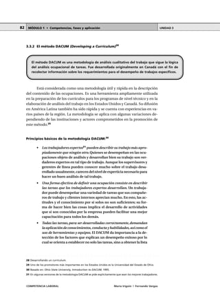 COMPETENCIA LABORAL María Irigoin | Fernando Vargas
MÓDULO 1 • Competencias, fases y aplicación UNIDAD 382
3.3.2 El método DACUM (Developing a Curriculum)28
Está considerada como una metodología útil y rápida en la descripción
del contenido de las ocupaciones. Es una herramienta ampliamente utilizada
en la preparación de los currículos para los programas de nivel técnico y en la
elaboración de análisis del trabajo en los Estados Unidos y Canadá. Su difusión
en América Latina también ha sido rápida y se cuenta con experiencias en va-
rios países de la región. La metodología se aplica con algunas variaciones de-
pendiendo de las instituciones y actores comprometidos en la promoción de
este método.29
Principios básicos de la metodología DACUM:30
• Los trabajadores expertos31
pueden describir su trabajo más apro-
piadamente que ningún otro.Quienes se desempeñan en las ocu-
paciones objeto de análisis y desarrollan bien su trabajo son ver-
daderos expertos en tal tipo de trabajo. Aunque los supervisores y
gerentes de línea pueden conocer mucho sobre el trabajo desa-
rrollado usualmente,carecen del nivel de experticia necesario para
hacer un buen análisis de tal trabajo.
• Una forma efectiva de definir una ocupación consiste en describir
las tareas que los trabajadores expertos desarrollan. Un trabaja-
dor puede desempeñar una variedad de tareas que sus compañe-
ros de trabajo y clientes internos aprecian mucho. En esto, las ac-
titudes y el conocimiento por sí solos no son suficientes; su for-
ma de hacer bien las cosas implica el desarrollo de actividades
que si son conocidas por la empresa pueden facilitar una mejor
capacitación para todos los demás.
• Todas las tareas,para ser desarrolladas correctamente,demandan
la aplicación de conocimientos, conducta y habilidades, así como el
uso de herramientas y equipos. El DACUM da importancia a la de-
tección de los factores que explican un desempeño exitoso por lo
cual se orienta a establecer no solo las tareas,sino a obtener la lista
El método DACUM es una metodología de análisis cualitativo del trabajo que sigue la lógica
del análisis ocupacional de tareas. Fue desarrollada originalmente en Canadá con el fin de
recolectar información sobre los requerimientos para el desempeño de trabajos específicos.
○ ○ ○ ○ ○ ○ ○ ○ ○ ○ ○ ○ ○ ○ ○ ○ ○ ○ ○ ○ ○ ○ ○ ○ ○ ○ ○ ○ ○ ○ ○ ○ ○ ○ ○ ○ ○ ○ ○ ○ ○ ○ ○ ○
28 Desarrollando un currículum.
29 Uno de los promotores más importantes en los Estados Unidos es la Universidad del Estado de Ohio.
30 Basado en: Ohio State University, Introduction to DACUM, 1995.
31 En algunas versiones de la metodología DACUM se pide explícitamente que sean los mejores trabajadores.
 