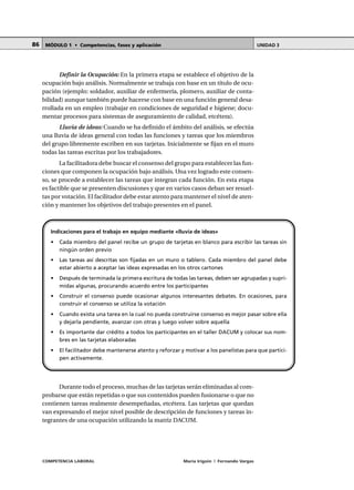 COMPETENCIA LABORAL María Irigoin | Fernando Vargas
MÓDULO 1 • Competencias, fases y aplicación UNIDAD 386
Definir la Ocupación: En la primera etapa se establece el objetivo de la
ocupación bajo análisis. Normalmente se trabaja con base en un título de ocu-
pación (ejemplo: soldador, auxiliar de enfermería, plomero, auxiliar de conta-
bilidad) aunque también puede hacerse con base en una función general desa-
rrollada en un empleo (trabajar en condiciones de seguridad e higiene; docu-
mentar procesos para sistemas de aseguramiento de calidad, etcétera).
Lluvia de ideas: Cuando se ha definido el ámbito del análisis, se efectúa
una lluvia de ideas general con todas las funciones y tareas que los miembros
del grupo libremente escriben en sus tarjetas. Inicialmente se fijan en el muro
todas las tareas escritas por los trabajadores.
La facilitadora debe buscar el consenso del grupo para establecer las fun-
ciones que componen la ocupación bajo análisis. Una vez logrado este consen-
so, se procede a establecer las tareas que integran cada función. En esta etapa
es factible que se presenten discusiones y que en varios casos deban ser resuel-
tas por votación. El facilitador debe estar atento para mantener el nivel de aten-
ción y mantener los objetivos del trabajo presentes en el panel.
Durante todo el proceso, muchas de las tarjetas serán eliminadas al com-
probarse que están repetidas o que sus contenidos pueden fusionarse o que no
contienen tareas realmente desempeñadas, etcétera. Las tarjetas que quedan
van expresando el mejor nivel posible de descripción de funciones y tareas in-
tegrantes de una ocupación utilizando la matriz DACUM.
Indicaciones para el trabajo en equipo mediante «lluvia de ideas»
• Cada miembro del panel recibe un grupo de tarjetas en blanco para escribir las tareas sin
ningún orden previo
• Las tareas así descritas son fijadas en un muro o tablero. Cada miembro del panel debe
estar abierto a aceptar las ideas expresadas en los otros cartones
• Después de terminada la primera escritura de todas las tareas, deben ser agrupadas y supri-
midas algunas, procurando acuerdo entre los participantes
• Construir el consenso puede ocasionar algunos interesantes debates. En ocasiones, para
construir el consenso se utiliza la votación
• Cuando exista una tarea en la cual no pueda construirse consenso es mejor pasar sobre ella
y dejarla pendiente, avanzar con otras y luego volver sobre aquella
• Es importante dar crédito a todos los participantes en el taller DACUM y colocar sus nom-
bres en las tarjetas elaboradas
• El facilitador debe mantenerse atento y reforzar y motivar a los panelistas para que partici-
pen activamente.
 