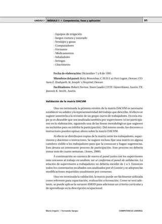 MÓDULO 1 • Competencias, fases y aplicaciónUNIDAD 3
María Irigoin | Fernando Vargas COMPETENCIA LABORAL
91
- Equipos de irrigación
- Juegos costura y suturado
- Vendajes y gasas
- Computadores
- Formatos
- Medicamentos
- Inhaladores
- Jeringas
- Glucómetro
Fecha de elaboración: Diciembre 7 y 8 de 1995
Miembros del panel:Betty Brownlow,C.M.H.I. at Fort Logan, Denver; CO.
Sara E. Hudspeth, St. Joseph´s Hospital, Denver.
Facilitadores: Robert Norton,Team Leader;CETE. Glenn Koons,Austin;TX.
Jeannie K. Smith, Austin.
Validación de la matriz DACUM
Una vez terminada la primera versión de la matriz DACUM es necesario
establecer su solidez y la representatividad del trabajo que describe. Al efecto se
sugiere someterla a la revisión de un grupo nuevo de trabajadores. En esta eta-
pa ya es deseable que sea analizada también por supervisores (si no participa-
ron en la elaboración, siguiendo una de las líneas metodológicas que sugieren
no incluirlos para no inhibir la participación). Del mismo modo, los docentes o
instructores pueden opinar ahora sobre la matriz DACUM.
Al efecto se distribuyen copias de la matriz entre los trabajadores, super-
visores y docentes o instructores. Se sugiere incluso fijar una matriz en alguna
cartelera visible a los trabajadores para que la conozcan y hagan sugerencias.
Esto desata un interesante proceso de participación. Este proceso no debería
tomar más de cuatro semanas, (Jones, 2000).
A continuación se convoca de nuevo el panel junto con los supervisores
más cercanos al trabajo en análisis; así se conforma el panel de validación. La
relación de supervisores a trabajadores no debería exceder de 1 a 5. Entonces
todos los comentarios recabados son analizados por el Comité y se adoptan las
modificaciones requeridas usualmente por consenso.
Una vez terminada la validación, la matriz puede ser fácilmente utilizada
como referente para capacitación, evaluación o formación. Como se verá ade-
lante, se puede aplicar la variante AMOD para adicionar un criterio curricular y
de aprendizaje en la descripción ocupacional.
 