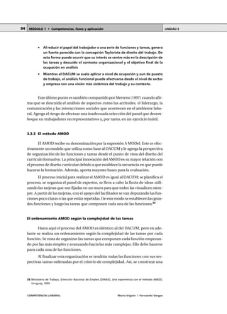 COMPETENCIA LABORAL María Irigoin | Fernando Vargas
MÓDULO 1 • Competencias, fases y aplicación UNIDAD 394
• Al reducir el papel del trabajador a una serie de funciones y tareas, genera
un fuerte parecido con la concepción Taylorista de diseño del trabajo. De
esta forma puede ocurrir que su interés se centre más en la descripción de
las tareas y descuide el contexto organizacional y el objetivo final de la
ocupación en análisis
• Mientras el DACUM se suele aplicar a nivel de ocupación y aun de puesto
de trabajo, el análisis funcional puede efectuarse desde el nivel de sector
y empresa con una visión más sistémica del trabajo y su contexto.
Este último punto es también compartido por Mertens (1997) cuando afir-
ma que se descuida el análisis de aspectos como las actitudes, el liderazgo, la
comunicación y las interacciones sociales que acontecen en el ambiente labo-
ral. Agrega el riesgo de efectuar una inadecuada selección del panel que desem-
boque en trabajadores no representativos y, por tanto, en un ejercicio inútil.
3.3.3 El método AMOD
El AMOD recibe su denominación por la expresión A MODel. Este es efec-
tivamente un modelo que utiliza como base al DACUM y le agrega la perspectiva
de organización de las funciones y tareas desde el punto de vista del diseño del
currículo formativo. La principal innovación del AMOD es su mayor relación con
el proceso de diseño curricular debido a que establece la secuencia en que puede
hacerse la formación. Además, aporta mayores bases para la evaluación.
El proceso inicial para realizar el AMOD es igual al DACUM; se planifica el
proceso, se organiza el panel de expertos, se lleva a cabo la lluvia de ideas utili-
zando las tarjetas que son fijadas en un muro para que todos las visualicen siem-
pre. A partir de las tarjetas, con el apoyo del facilitador se van depurando las fun-
ciones poco claras o las que están repetidas. De este modo se establecen las gran-
des funciones y luego las tareas que componen cada una de las funciones.35
El ordenamiento AMOD según la complejidad de las tareas
Hasta aquí el proceso del AMOD es idéntico al del DACUM, pero en ade-
lante se realiza un ordenamiento según la complejidad de las tareas por cada
función. Se trata de organizar las tareas que componen cada función empezan-
do por las más simples y avanzando hacia las más complejas. Ello debe hacerse
para cada una de las funciones.
Al finalizar esta organización se tendrán todas las funciones con sus res-
pectivas tareas ordenadas por el criterio de complejidad. Así, se construye una
○ ○ ○ ○ ○ ○ ○ ○ ○ ○ ○ ○ ○ ○ ○ ○ ○ ○ ○ ○ ○ ○ ○ ○ ○ ○ ○ ○ ○ ○ ○ ○ ○ ○ ○ ○ ○ ○ ○ ○ ○ ○ ○ ○
35 Ministerio de Trabajo, Dirección Nacional de Empleo (DINAE), Una experiencia con el método AMOD,
Uruguay, 1999.
 