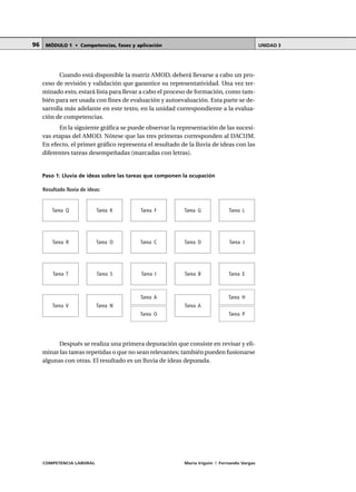 COMPETENCIA LABORAL María Irigoin | Fernando Vargas
MÓDULO 1 • Competencias, fases y aplicación UNIDAD 396
Cuando está disponible la matriz AMOD, deberá llevarse a cabo un pro-
ceso de revisión y validación que garantice su representatividad. Una vez ter-
minado esto, estará lista para llevar a cabo el proceso de formación, como tam-
bién para ser usada con fines de evaluación y autoevaluación. Esta parte se de-
sarrolla más adelante en este texto, en la unidad correspondiente a la evalua-
ción de competencias.
En la siguiente gráfica se puede observar la representación de las sucesi-
vas etapas del AMOD. Nótese que las tres primeras corresponden al DACUM.
En efecto, el primer gráfico representa el resultado de la lluvia de ideas con las
diferentes tareas desempeñadas (marcadas con letras).
Paso 1: Lluvia de ideas sobre las tareas que componen la ocupación
Después se realiza una primera depuración que consiste en revisar y eli-
minar las tareas repetidas o que no sean relevantes; también pueden fusionarse
algunas con otras. El resultado es un lluvia de ideas depurada.
Tarea Q
Tarea R
Tarea T
Tarea V
Tarea K
Tarea O
Tarea S
Tarea N
Tarea F
Tarea C
Tarea I
Tarea A
Tarea O
Tarea H
Tarea P
Tarea G
Tarea D
Tarea B
Tarea A
Tarea L
Tarea J
Tarea E
Resultado lluvia de ideas:
 
