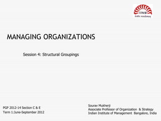 MANAGING ORGANIZATIONS

            Session 4: Structural Groupings




                                              Sourav Mukherji
PGP 2012-14 Section C & E
                                              Associate Professor of Organization & Strategy
Term 1:June-September 2012                    Indian Institute of Management Bangalore, India
 