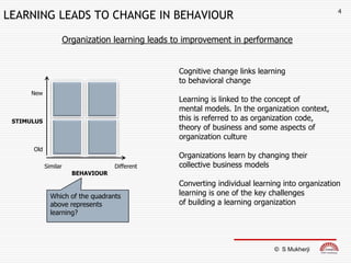 4
LEARNING LEADS TO CHANGE IN BEHAVIOUR

                      Organization learning leads to improvement in performance


                                                  Cognitive change links learning
                                                  to behavioral change
      New
                                                  Learning is linked to the concept of
                                                  mental models. In the organization context,
 STIMULUS                                         this is referred to as organization code,
                                                  theory of business and some aspects of
                                                  organization culture
      Old
                                                  Organizations learn by changing their
            Similar                 Different     collective business models
                        BEHAVIOUR
                                                  Converting individual learning into organization
              Which of the quadrants              learning is one of the key challenges
              above represents                    of building a learning organization
              learning?




                                                                              © S Mukherji
 