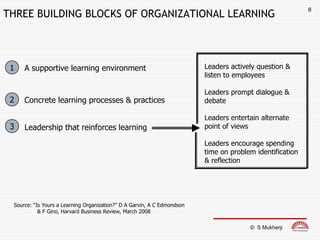 8
THREE BUILDING BLOCKS OF ORGANIZATIONAL LEARNING



 1   A supportive learning environment                                   Leaders actively question &
                                                                         listen to employees

                                                                         Leaders prompt dialogue &
 2   Concrete learning processes & practices                             debate

                                                                         Leaders entertain alternate
 3   Leadership that reinforces learning                                 point of views

                                                                         Leaders encourage spending
                                                                         time on problem identification
                                                                         & reflection




 Source: “Is Yours a Learning Organization?” D A Garvin, A C Edmondson
           & F Gino, Harvard Business Review, March 2008

                                                                                       © S Mukherji
 