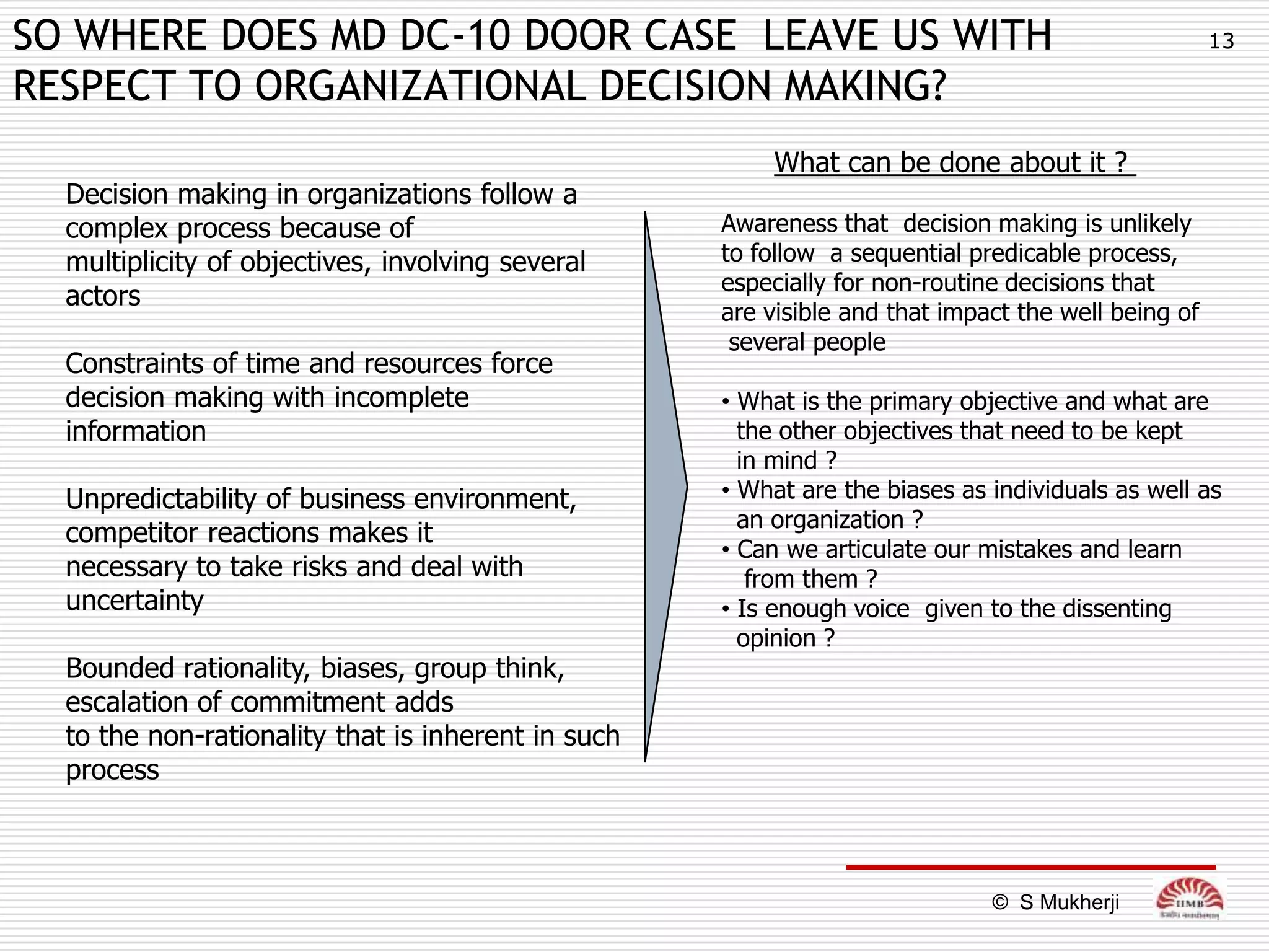 SO WHERE DOES MD DC-10 DOOR CASE LEAVE US WITH                                                      13

RESPECT TO ORGANIZATIONAL DECISION MAKING?
                                                        What can be done about it ?
  Decision making in organizations follow a
  complex process because of                        Awareness that decision making is unlikely
  multiplicity of objectives, involving several     to follow a sequential predicable process,
                                                    especially for non-routine decisions that
  actors
                                                    are visible and that impact the well being of
                                                     several people
  Constraints of time and resources force
  decision making with incomplete                   • What is the primary objective and what are
  information                                         the other objectives that need to be kept
                                                      in mind ?
  Unpredictability of business environment,         • What are the biases as individuals as well as
                                                      an organization ?
  competitor reactions makes it
                                                    • Can we articulate our mistakes and learn
  necessary to take risks and deal with                from them ?
  uncertainty                                       • Is enough voice given to the dissenting
                                                      opinion ?
  Bounded rationality, biases, group think,
  escalation of commitment adds
  to the non-rationality that is inherent in such
  process



                                                                             © S Mukherji
 