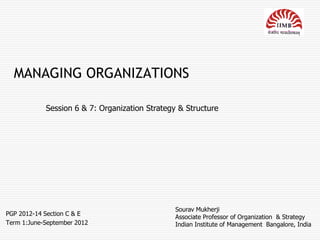MANAGING ORGANIZATIONS

            Session 6 & 7: Organization Strategy & Structure




                                                Sourav Mukherji
PGP 2012-14 Section C & E
                                                Associate Professor of Organization & Strategy
Term 1:June-September 2012                      Indian Institute of Management Bangalore, India
 