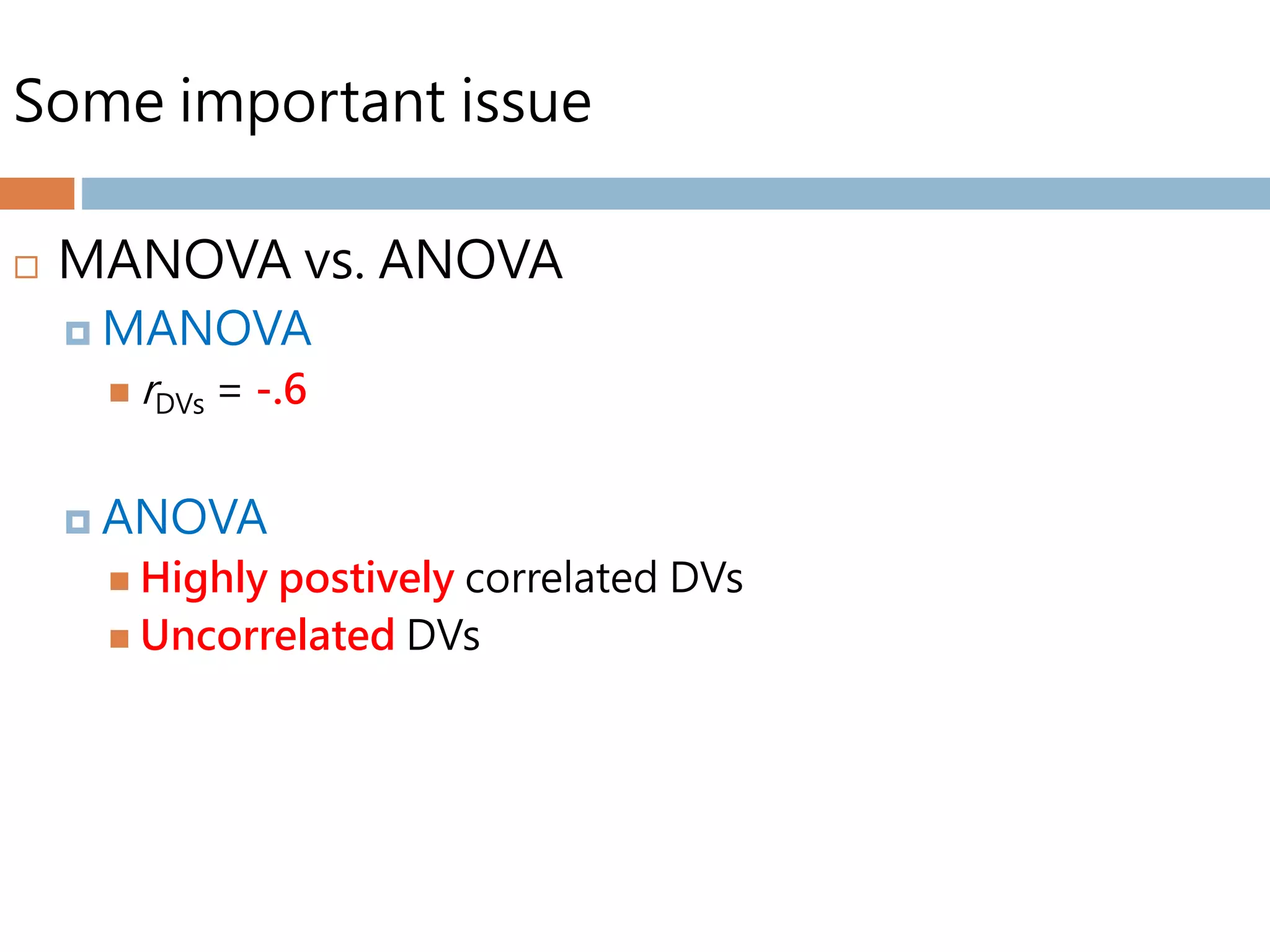 Some important issue
 MANOVA vs. ANOVA
 MANOVA
 rDVs = -.6
 ANOVA
 Highly postively correlated DVs
 Uncorrelated DVs
 