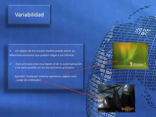 Para ello Manovich examina las principales formas de los nuevos medios y se pregunta que son en realidad comparándolos con los antiguos.Como se volvieron nuevos los mediosRecorrido tecnológico e histórico:1800 Telar automático “por fichas” (J.M.Jacquard) 