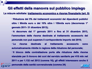 Riduzione del 5% dei trattamenti economici dei dipendenti pubblici oltre i 90mila euro e del 10% oltre i 150mila euro (decorrenza 1° gennaio 2011- 31 dicembre 2013); A decorrere dal 1° gennaio 2011 e fino al 31 dicembre 2013, l’ammontare delle risorse destinate al trattamento accessorio del personale non può superare il corrispondente importo del 2010; Le risorse destinate al trattamento accessorio sono automaticamente ridotte in ragione della riduzione del personale; Il blocco della contrattazione porta alla riduzione delle risorse stanziate per il rinnovo del ccnl del servizio sanitario per 418 mln nel 2011 e per 1.132 nel 2012 (comma 16); gli effetti interessano anche il personale della sanità convenzionata (comma 24) Le misure adottate:  trattamento economico e risorse finanziarie (art. 9) Gli effetti della manovra sul pubblico impiego 